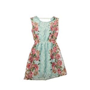 NISAN Dress Womens SIze 36 Teal Floral Lace Sleeveless Mini Fit Flare
